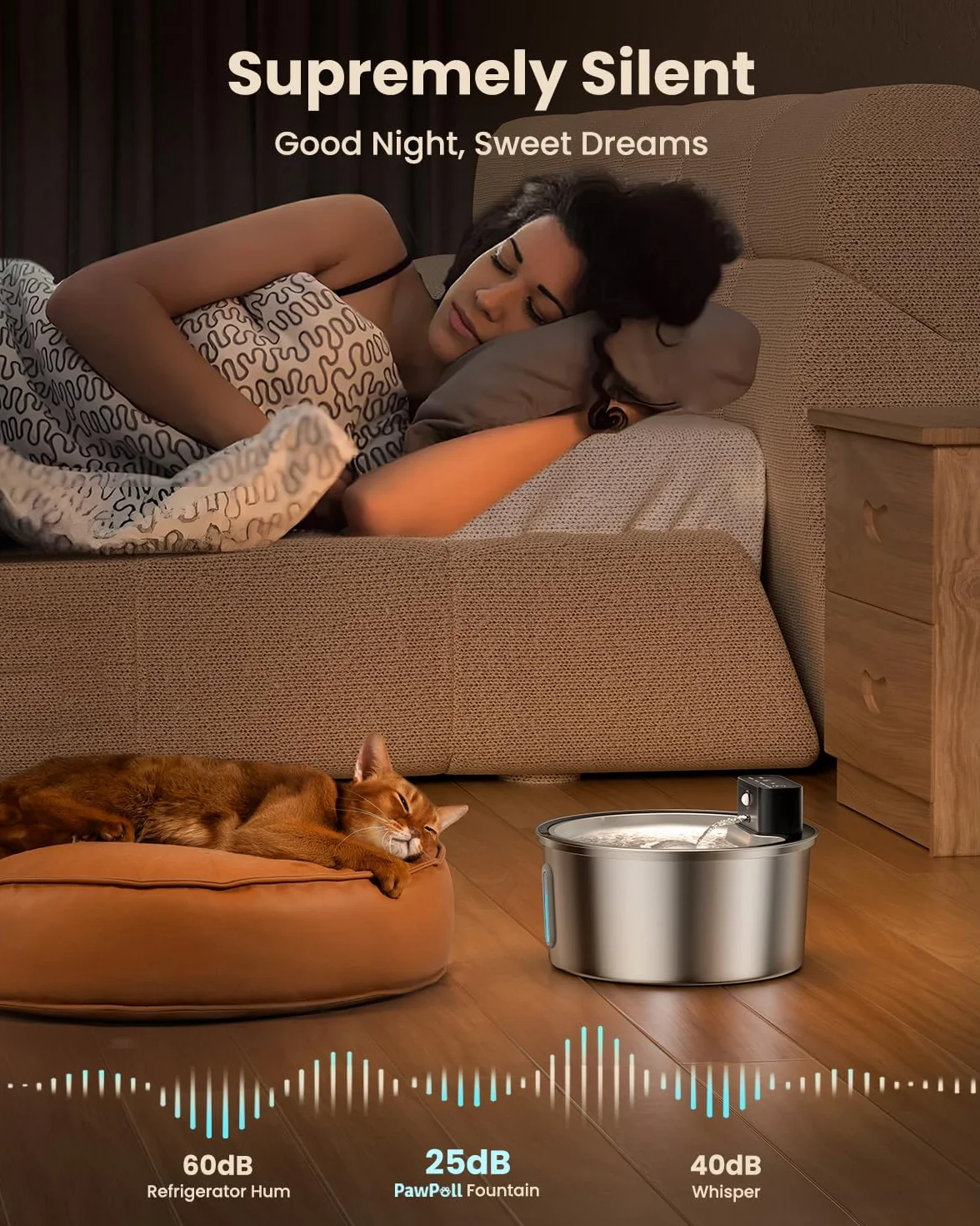 PawPoll Fontanella per Gatti senza Fili 3,2L con Batteria 4200mAh, Fontana per Gatti con Sensore di Movimento, Ultra Silenziosa 304 Acciaio Inossidabile Fontanella Gatto Ricaricabile