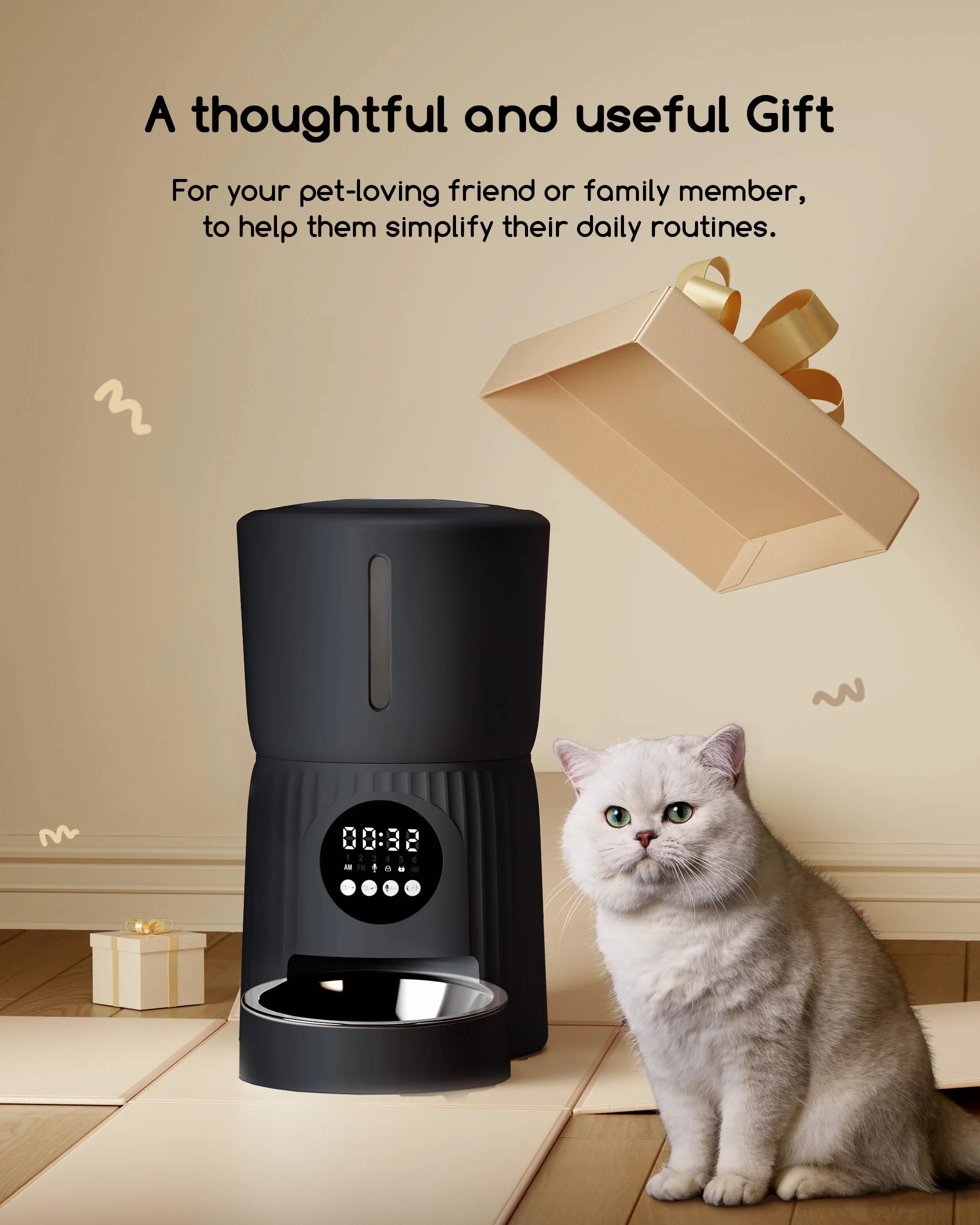 Distributore Automatico Cibo Gatti, Faroro 4L Dispenser Crocchette Gatto con 1-6 Pasti Al Giorno, Porzioni Regolabili, Voce 10s, Alimentazione Lenta (Nero)