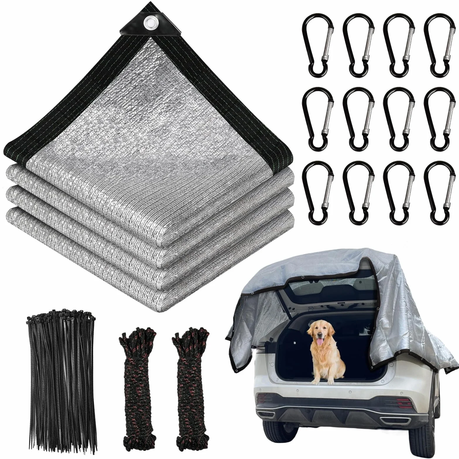 Rete Ombreggiante per Cani,Rete Ombreggiante per Auto 3x4m,Alluminio Riflettente Rete Ombreggiante,Rete Telo Ombra con Occhielli,Adatto per Auto,Suv,Caravan,Strada,Campeggio