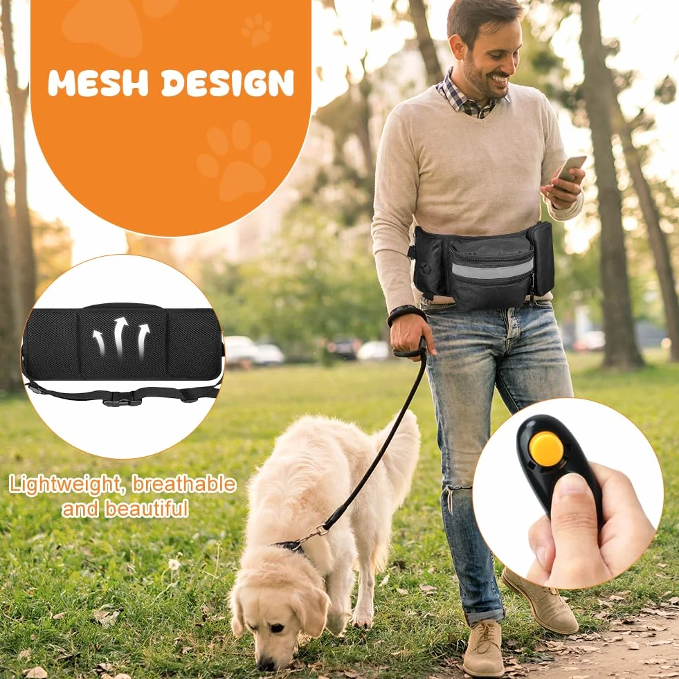 Aomig Borsa per cani 3 in 1: ciotola pieghevole, clicker e marsupio regolabile per passeggiate e allenamento a mani libere