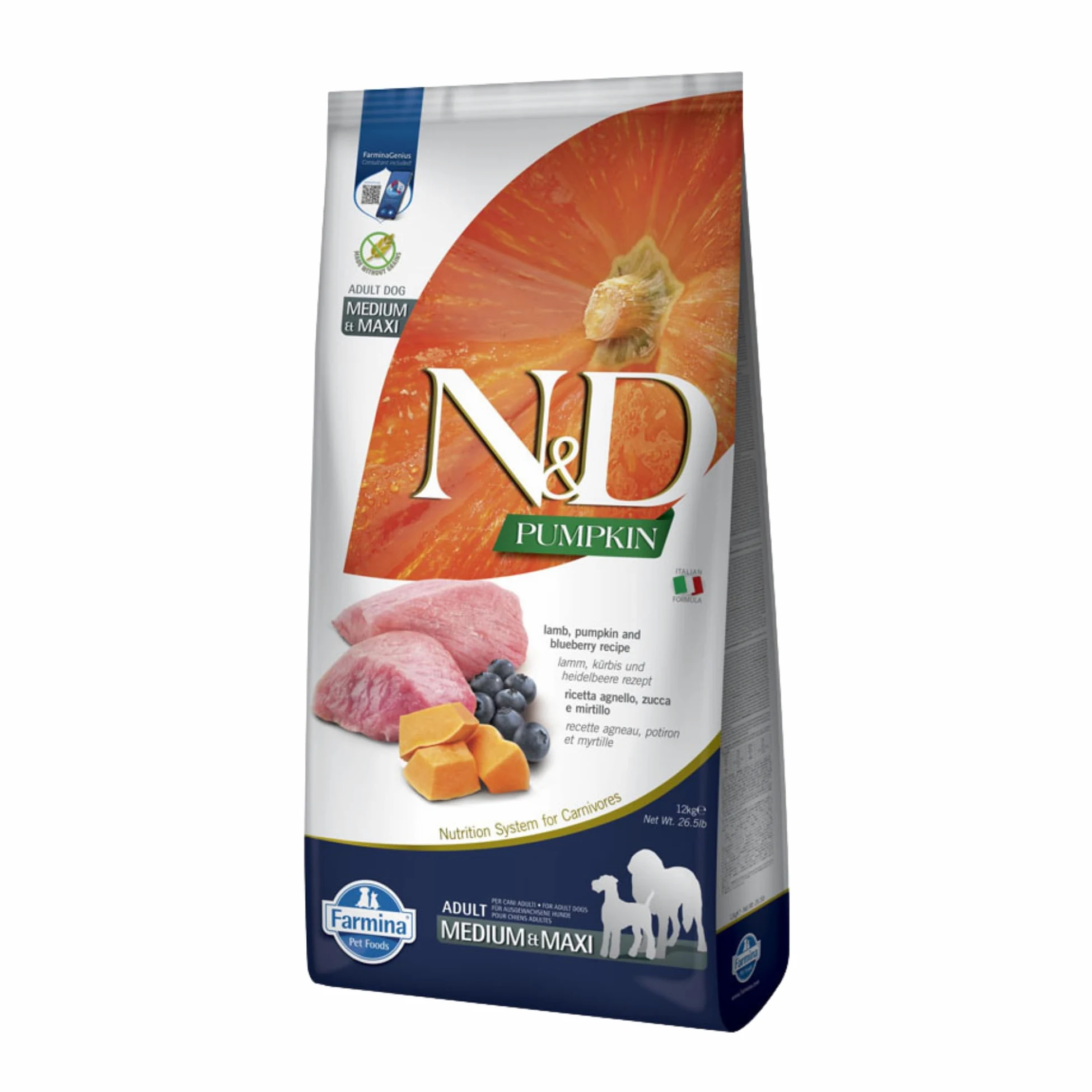 Farmina, N&D Pumpkin, Agnello, Zucca e Mirtilli, Cane Adult Medium/Maxi, 12kg