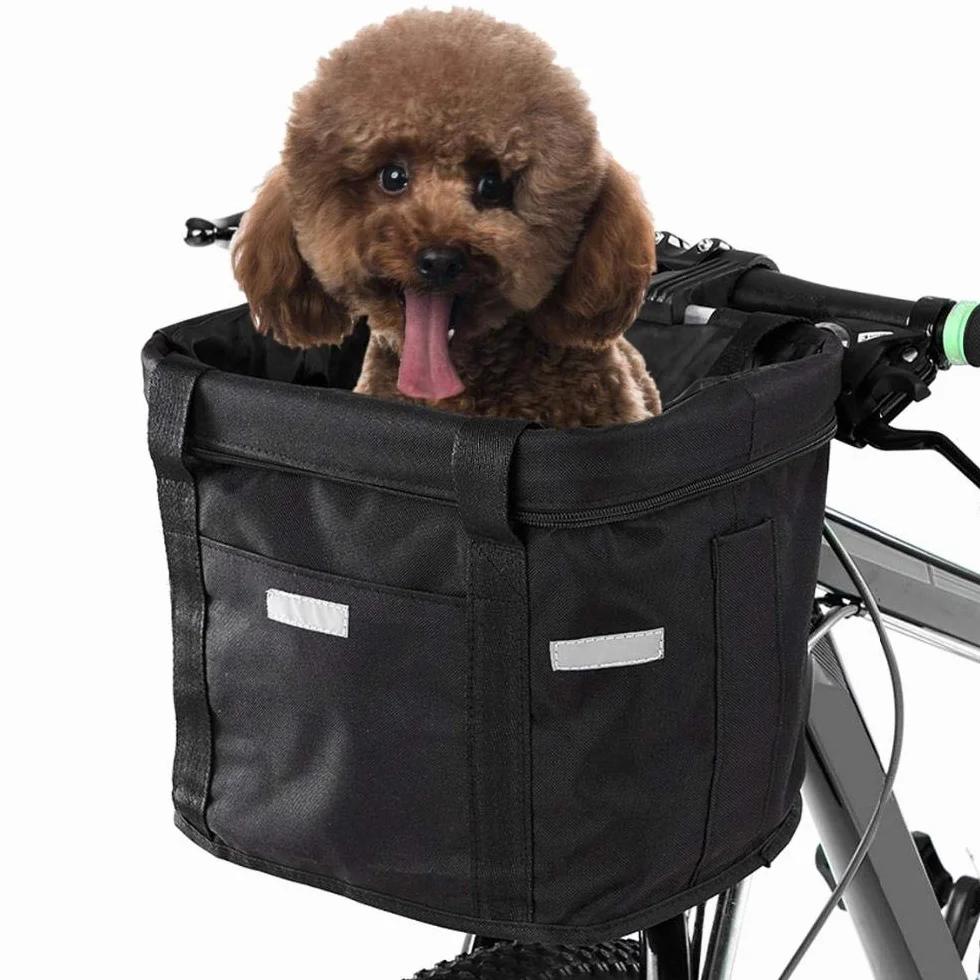 Cestino anteriore per bicicletta, staccabile, in tela, pieghevole, rimovibile, per manubrio della bicicletta, organizer per animali domestici, gatti, cani