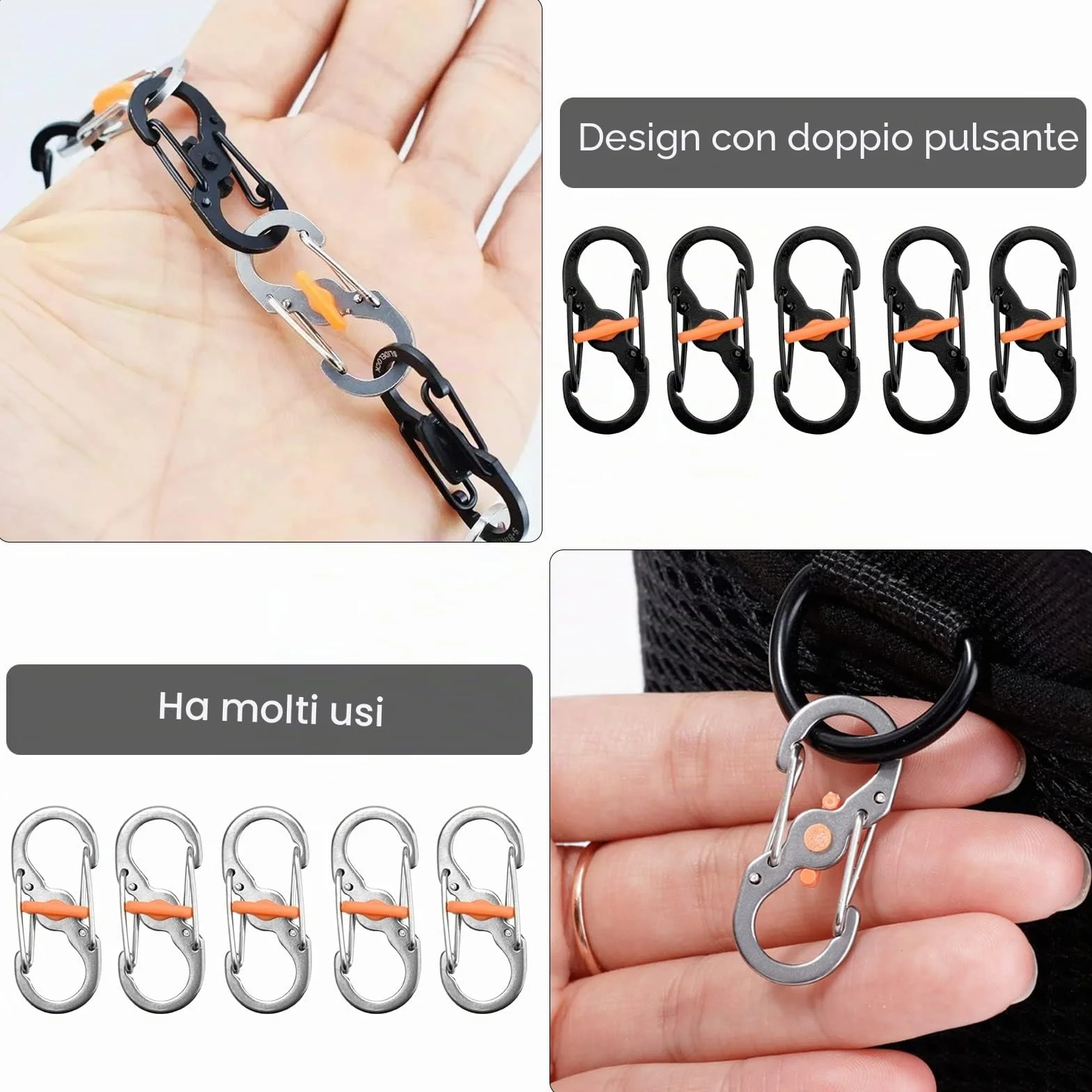 Mini Moschettone a Forma di S in Acciaio Inox 10 Pezzi per Attività All'aperto Campeggio Antifurto Portachiavi