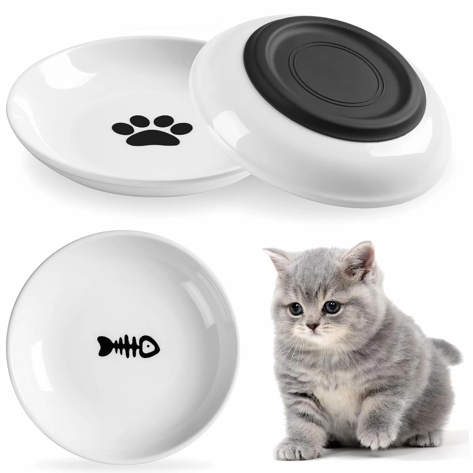 Pavlleen Ciotole per gatti in ceramica, Piatto Cibo Gatto Set di 3, con base in gomma antiscivolo, Ciotola Piatta Gatti per Alleviare l'affaticamento Dei Baffi, per gatti e piccoli animali