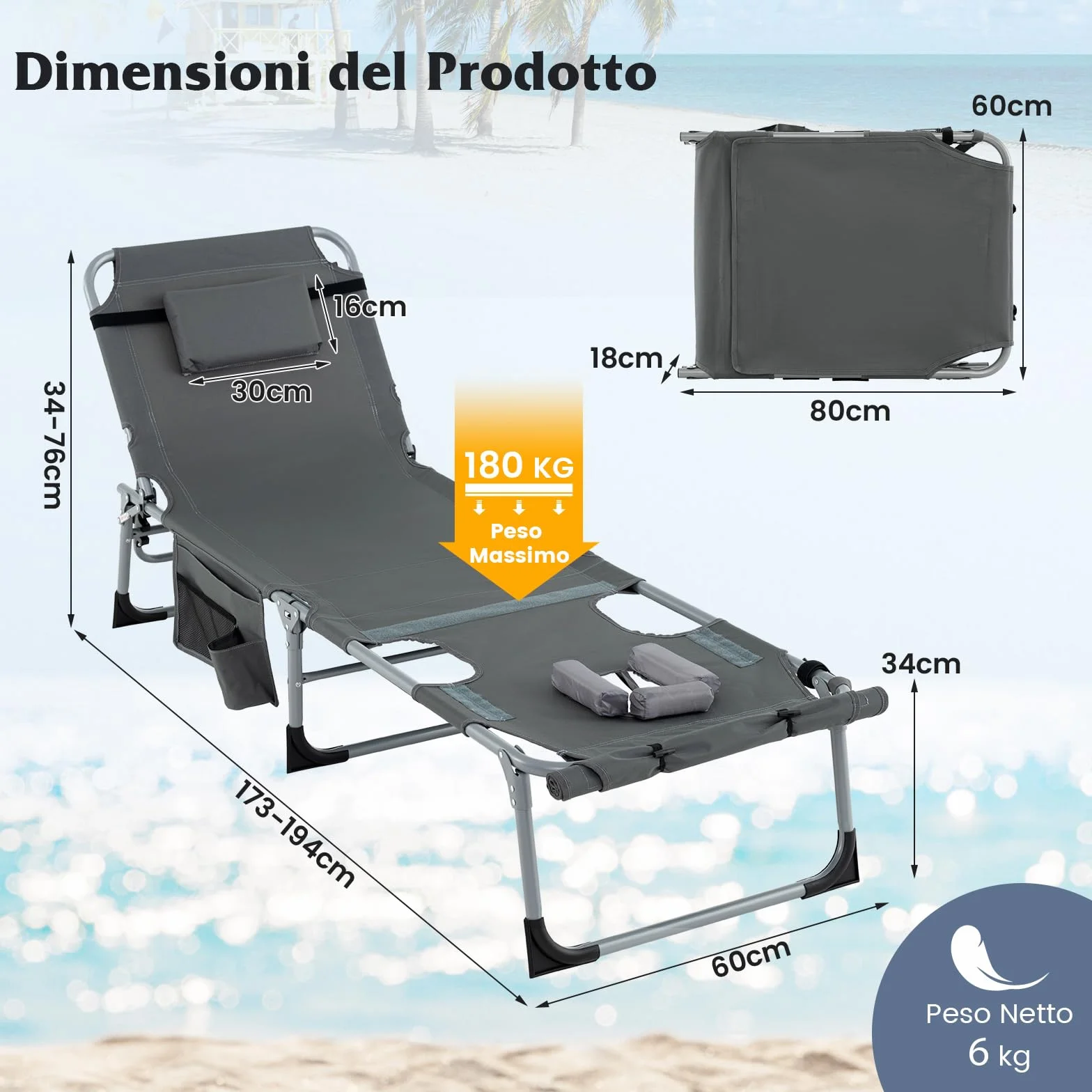 COSTWAY Lettino Prendisole Pieghevole Portatile, Lettino da Spiaggia con Fori per Viso e Braccia, Cuscino Poggiatesta e Tasca, Schienale Regolabile, per Mare e Piscina, Portata 180 kg (Grigio Scuro)
