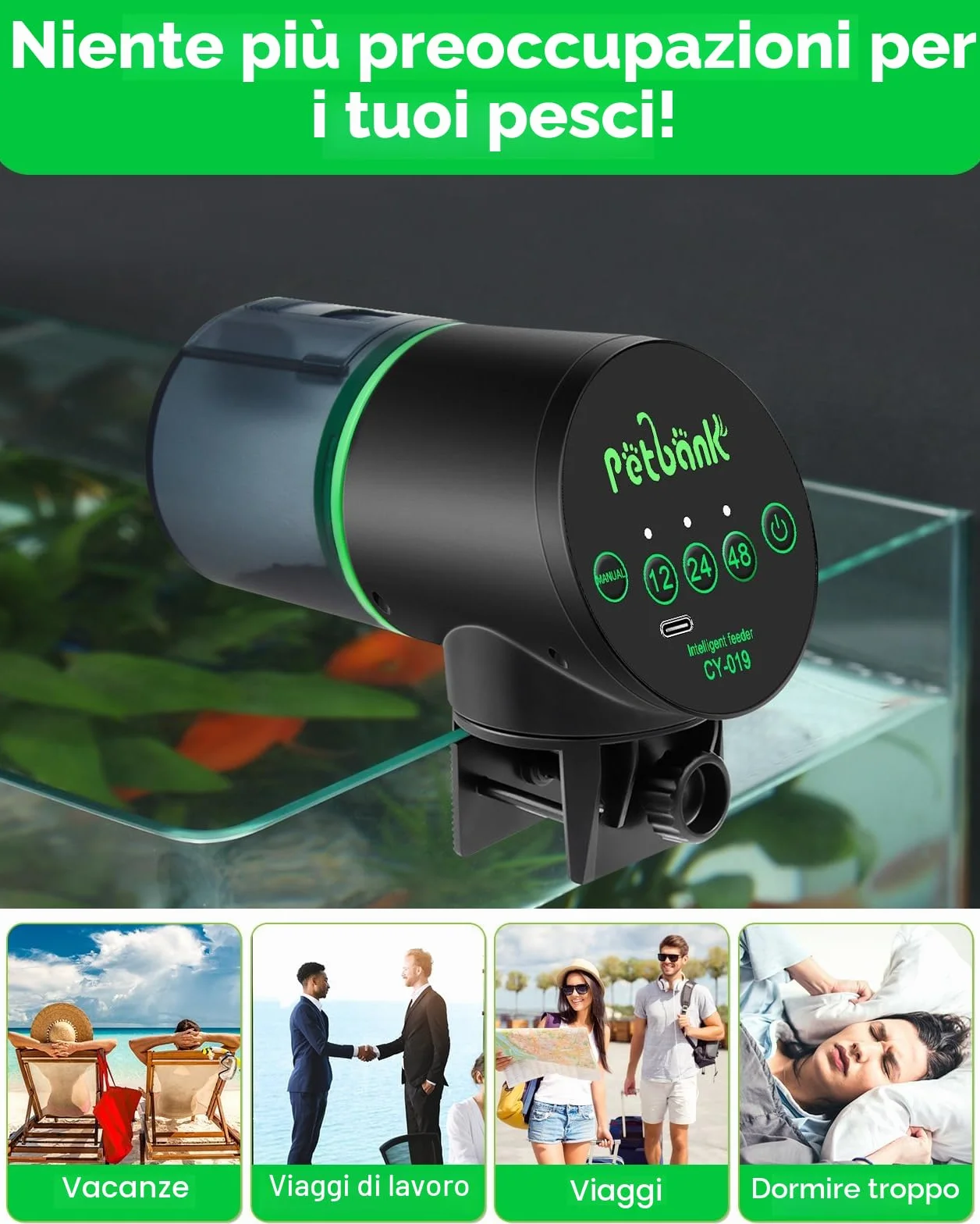 Mangiatoia Automatica Acquario Pesci 12/24/48 Ore con Cavo USB Charger, Nero