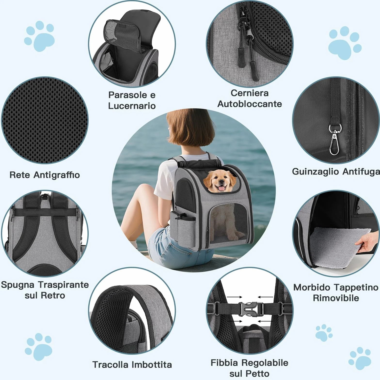 Zaino per Cani Gatti 10 kg Traspirante con Finestra a Rete e Guinzaglio Interno - Grigio