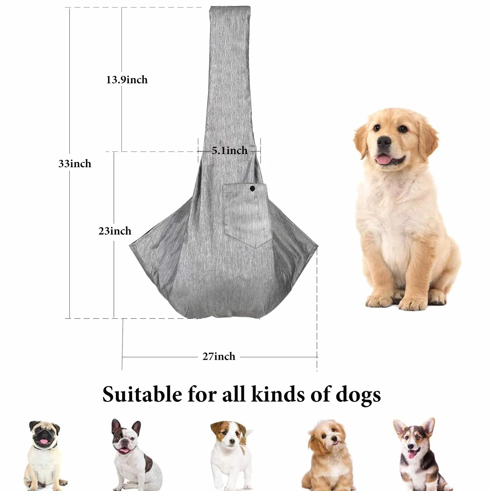 Trasportino per Cani e Gatti,Borsa a Tracolla per Animali Domestici Borsa a Tracolla Regolabile Imbottita con Tasca Frontale per Cani per Tote Metro all'aperto (Gray)