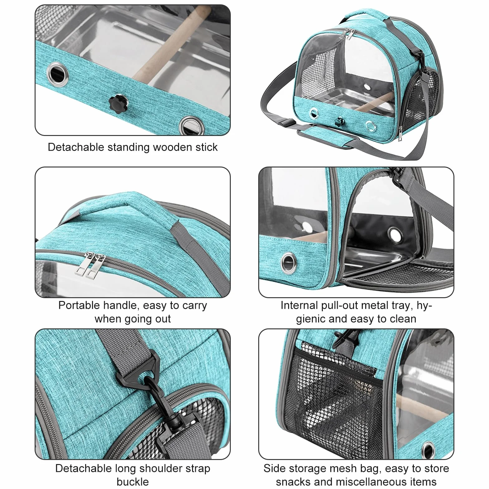 Borsa per il Trasporto di Uccelli con Asta e Vassoio in Acciaio Inox, Zaino Portatile per Pappagalli con Asta di Legno (Blue)