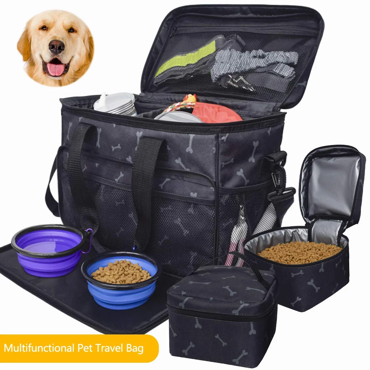 Zwini Borsa da viaggio per cani lavabile Borsa termica con scomparti, alimentatore pieghevole e bevitore (nero)