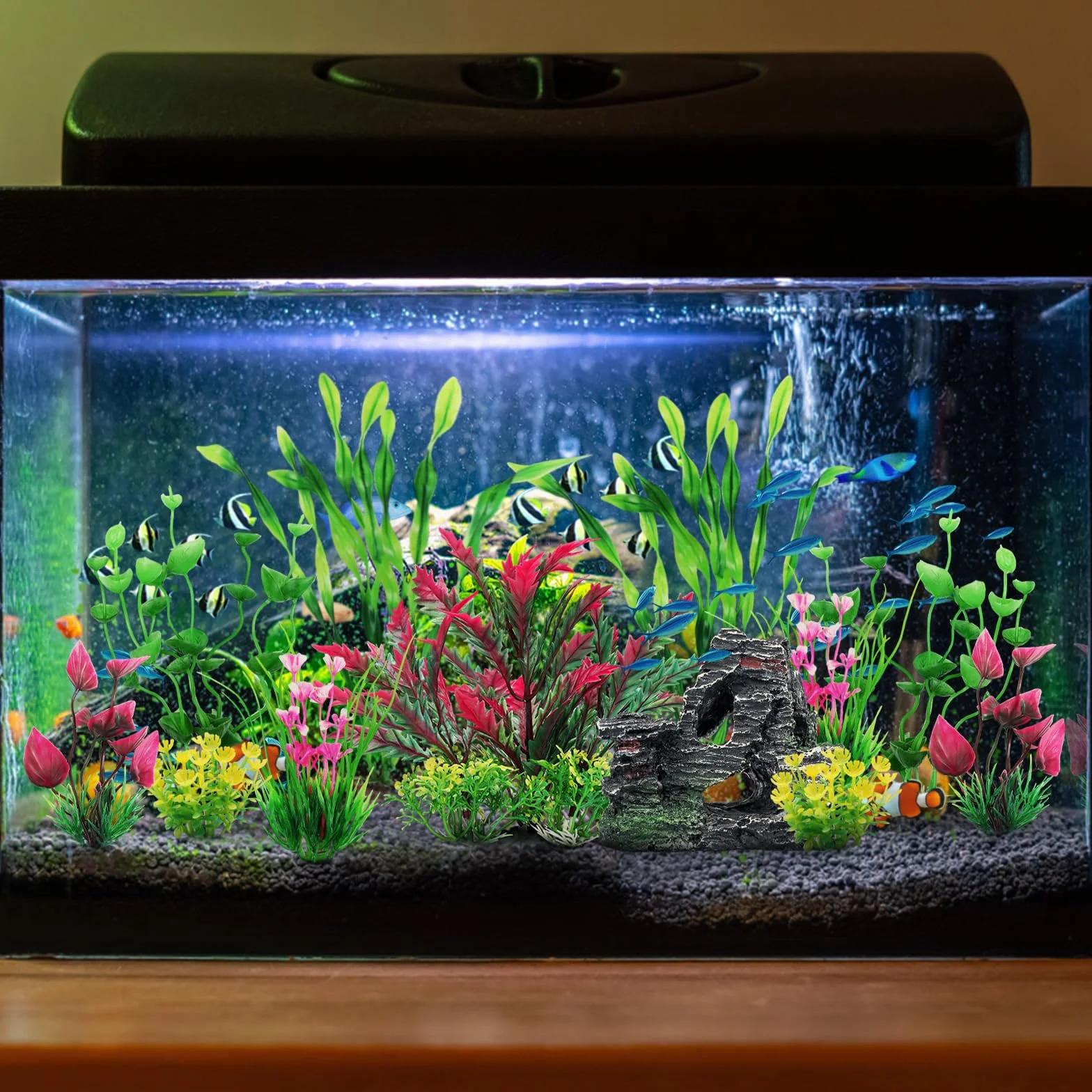 QUOZUO Decorazione per Acquario Pianta, Piante Artificiali per Acquario e Decorazione Grotta in Poliresina, Nascondiglio per Pesci, 12 Pezzi