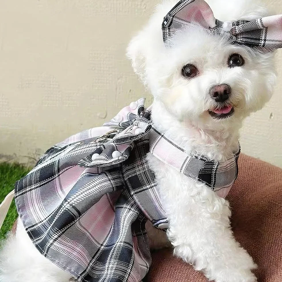 Vestiti per Cani Eleganti in Tartan Rosa e Nero con Fiocco Abiti per Cani Matrimonio Pet Clothes di Alta Qualità per Occasioni Speciali per Piccolo Medio Grande (L)