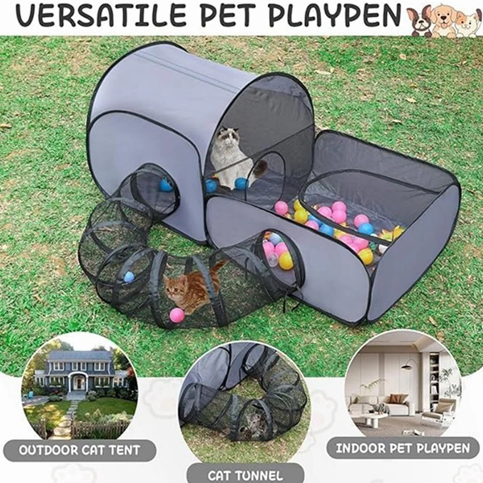 Gabbia Portatile per Gatti - Box Pieghevole per Gatti - Tenda Portatile per Gatto, Recinto Pieghevole per Animali Domestici, con Tunnel E Rete Di Ventilazione, per Campeggio E Viaggio