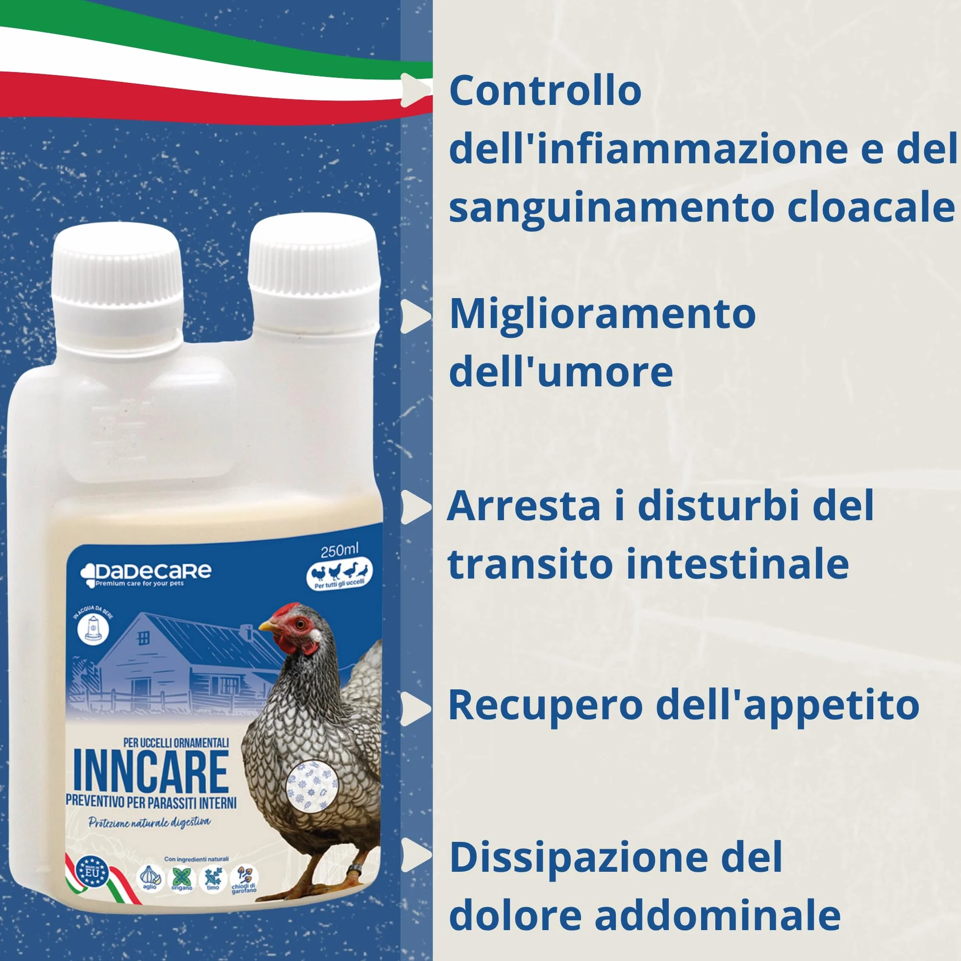 Inncare Preventivo Parassiti Interni Naturale 250 ml - Polli, Pollame ed Esotici - Estratto di Aglio e Oregano