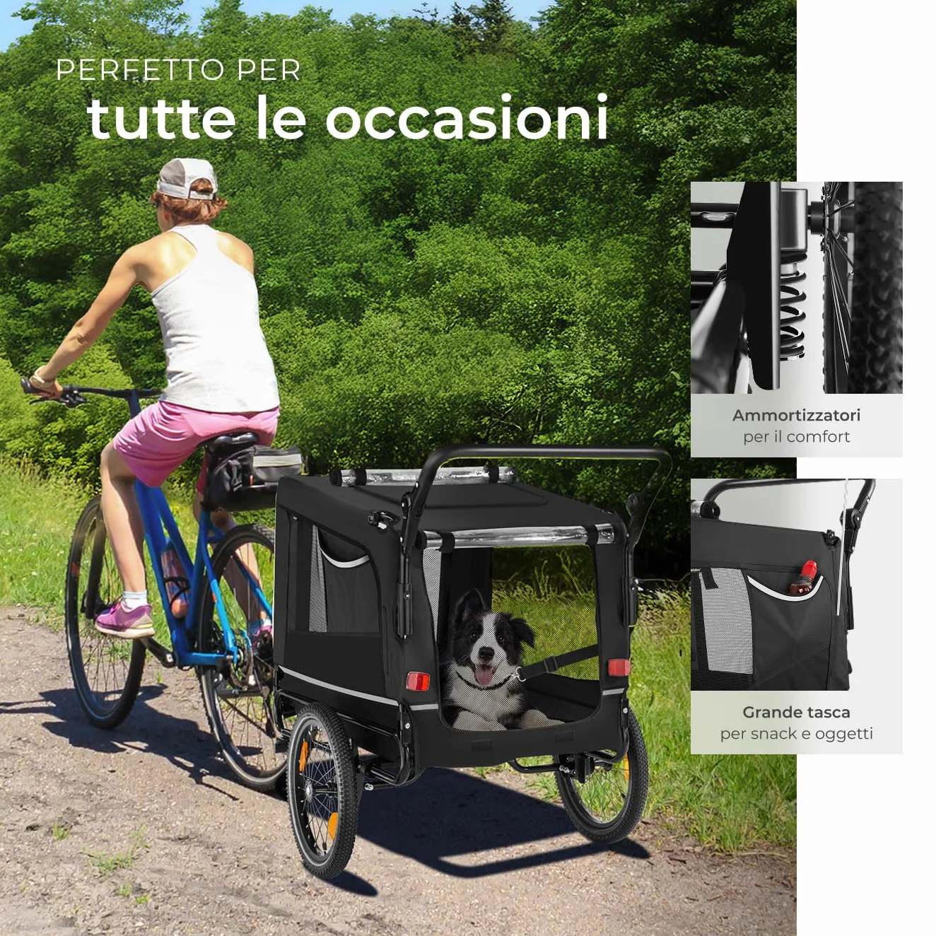tectake® Carrello per Cani WoofRider, Multifunzionale con Bandierina di Segnalazione, Trasportino da Bicicletta, Jogger per Cani con Struttura Richiudibile, Inserti Mesh Traspiranti - Nero