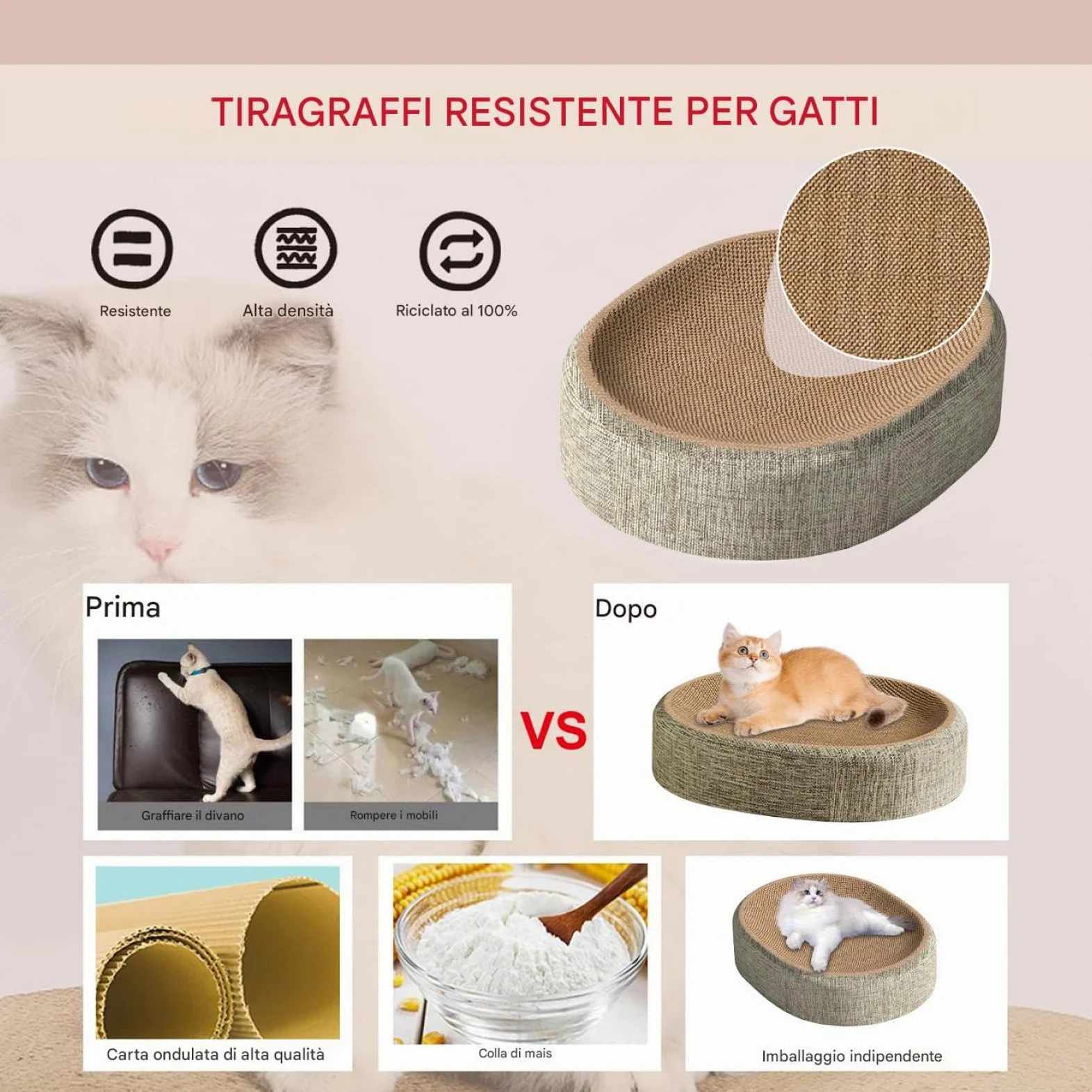 Tiragraffi Per Gatti Resistente In Sisal, 60x40x8cm 2 In 1 Cartone Rotondo Tiragraffi, Cuccia Ovale 2 In 1, CerchiTiragraffi Lounge Per Graffiare, Riposo E Gioco Gatti Da Interno