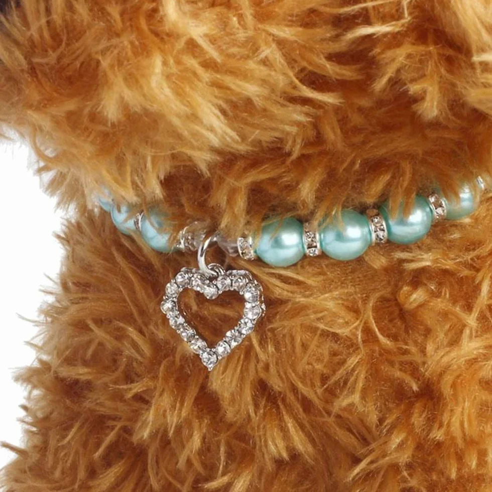2 collane con perle per cani chihuahua, ciondolo cuore, accessori costume sposa, rosa e blu