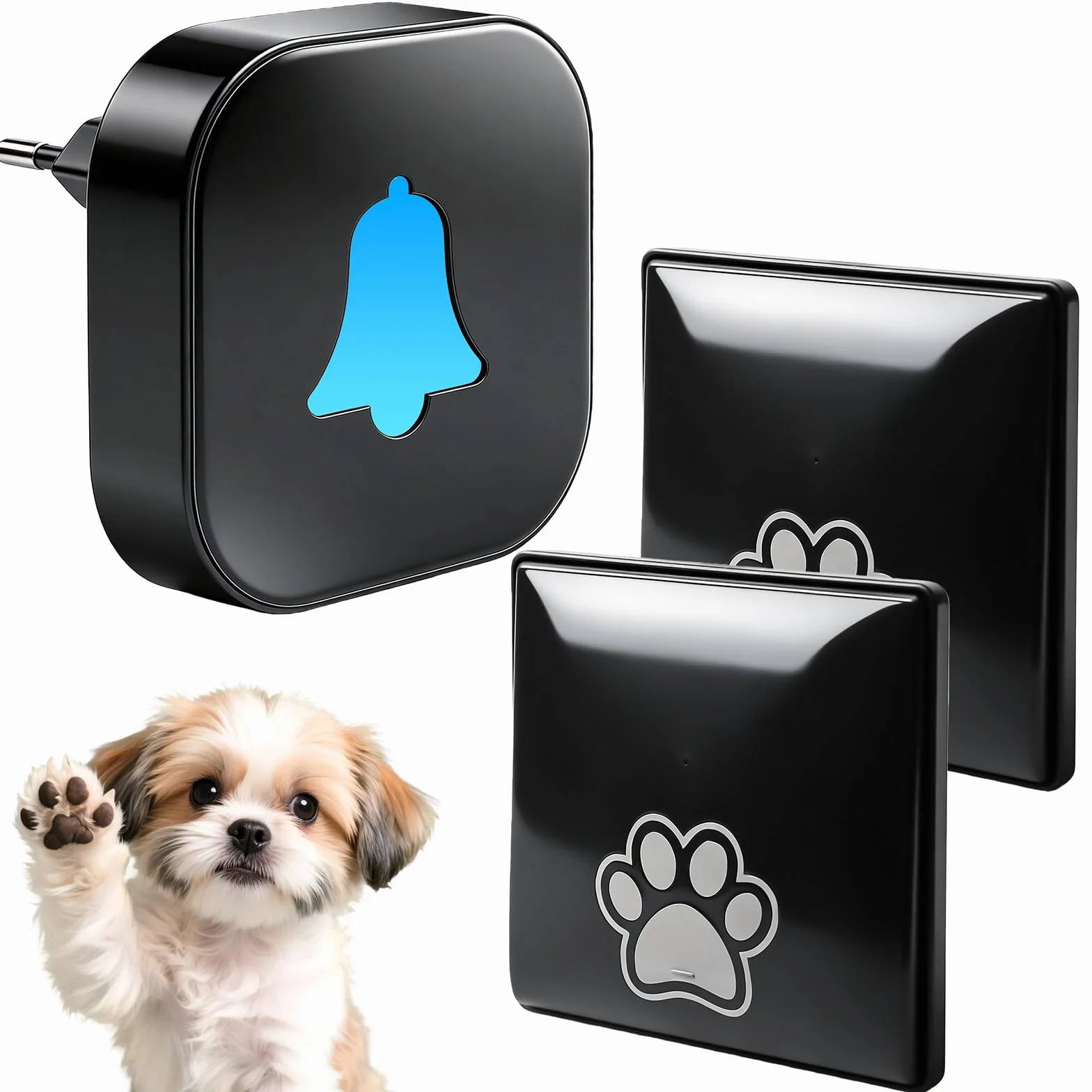 Campanello per cani, senza fili, per cani, senza fili, per cani, per animali domestici, 38 suonerie + 4 livelli di volume, campane da allenamento (1 ricevitore + 2 pulsanti)