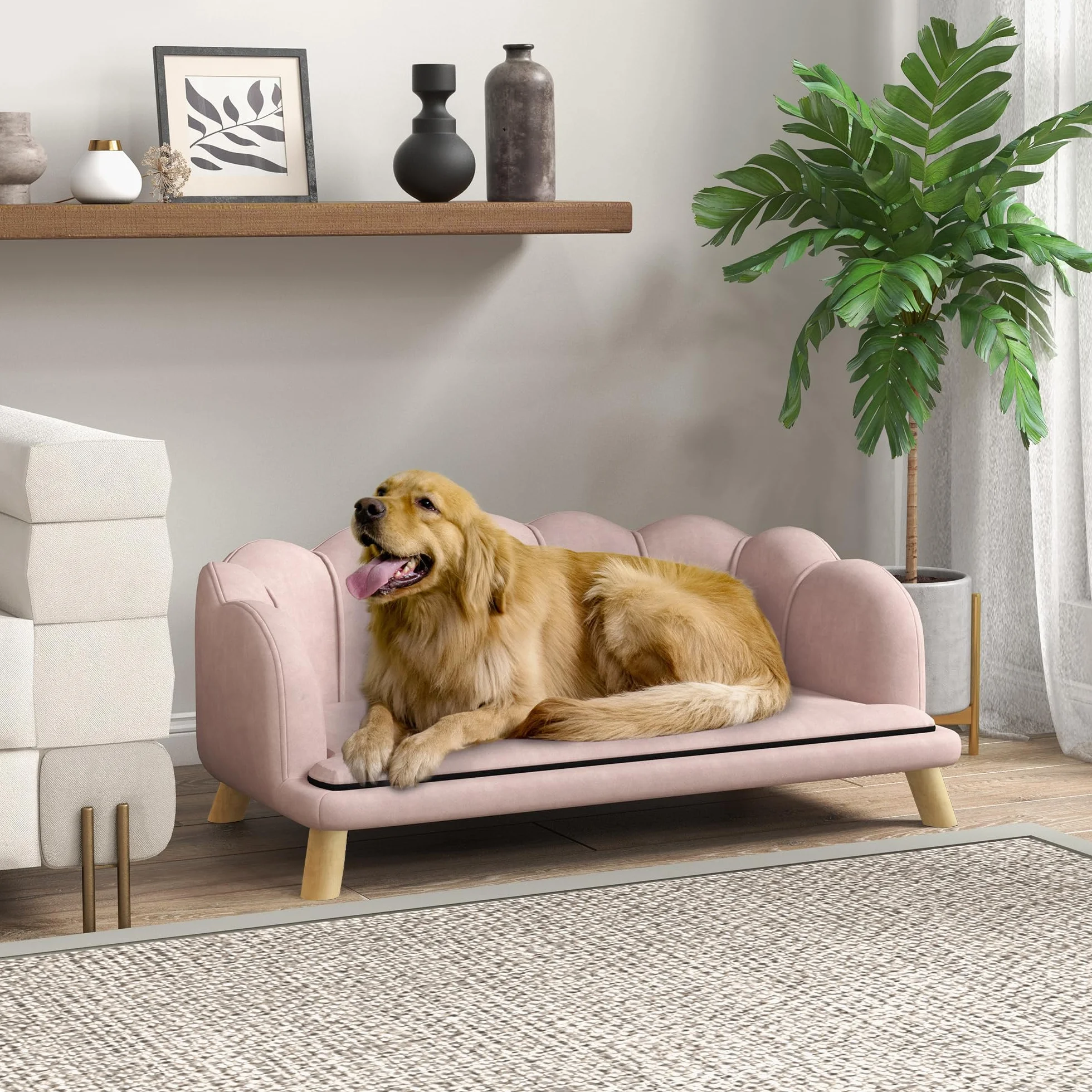 PawHut Divano per Cani, Rivestimento Lavabile, Divano per Animali Domestici con Schienale e Gambe in Legno, Divano per Gatti, per Cani di Taglia Media sotto i 25 kg, Rosa