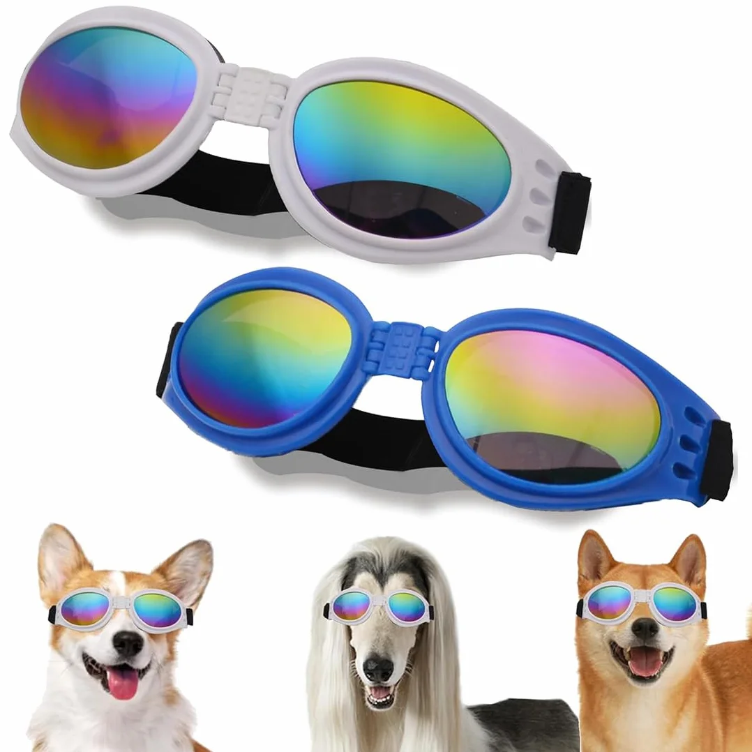 2 Pcs Occhiali per Cani, Occhiali da Sole e protettivi per Cani di Taglia Piccola, con Cinturini Regolabili e Pieghevole, Anti UV, Impermeabili, Antivento, Anti Appanamento