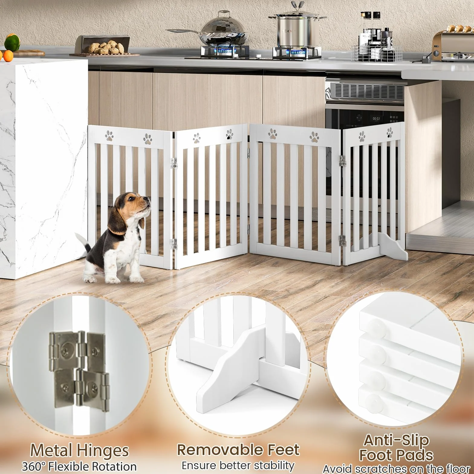 SOARS Barriera per Cani Pieghevole 204 x 60 cm Legno 4 Pannelli Bianco