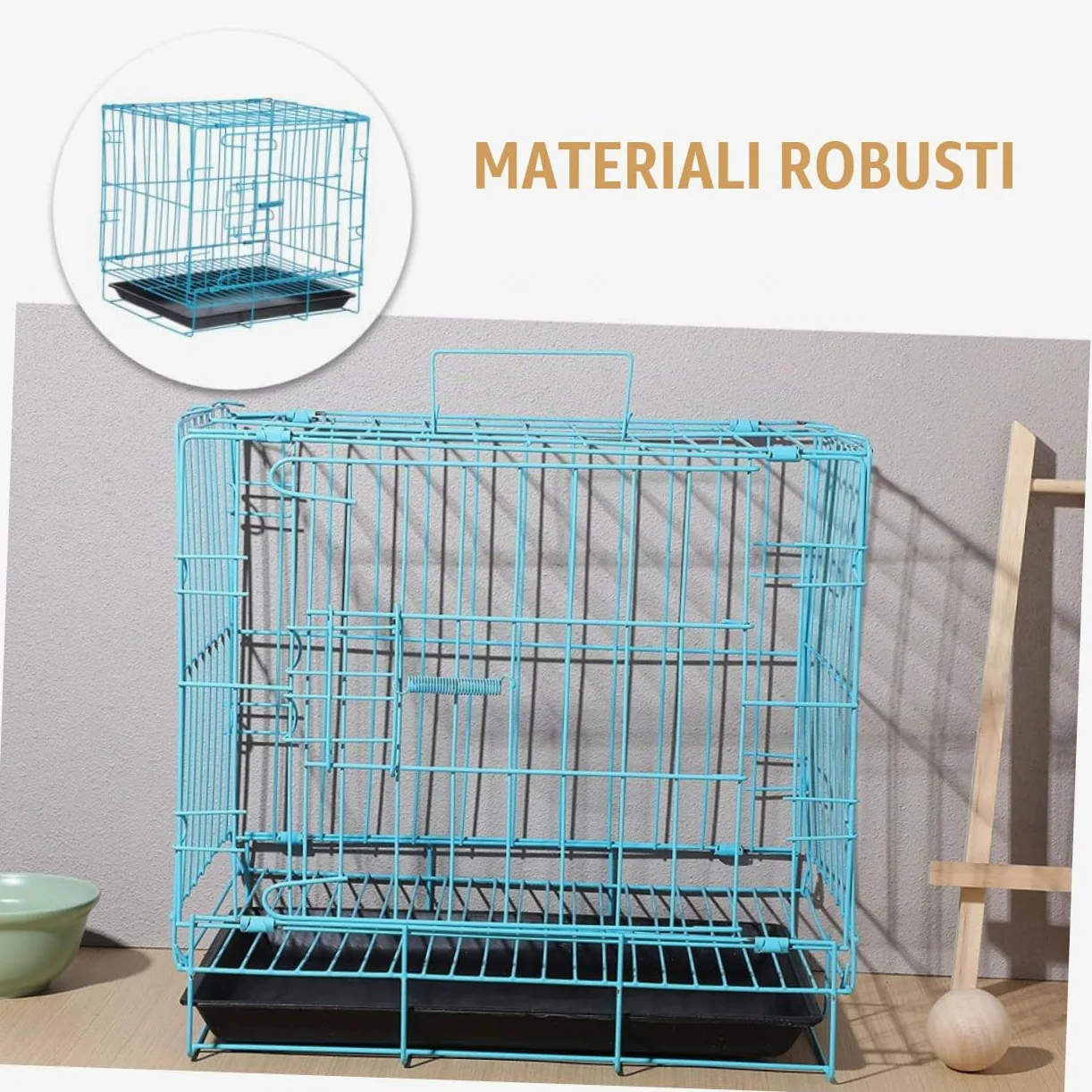 Gabbia Portatile per Gatti e Conigli in Ferro Verniciato Blu con Vassoio Trasportino Traspirante e Sicuro per Viaggi e Attività all Aperto