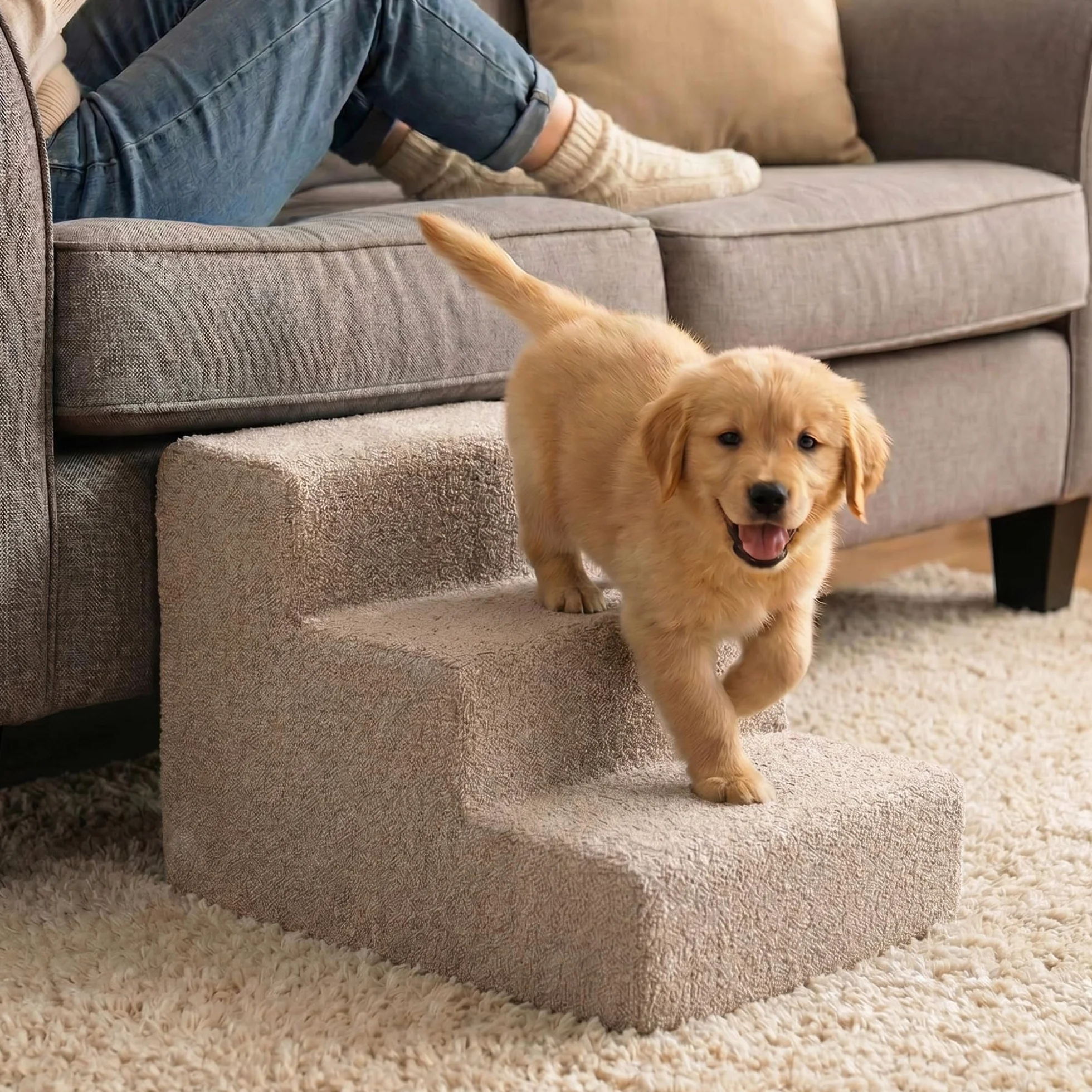 Murando Scala per Cani Piccoli 3 Gradini 30 cm Rampina in Schiuma Antiscivolo per Letto Matrimoniale Bouclé Crema