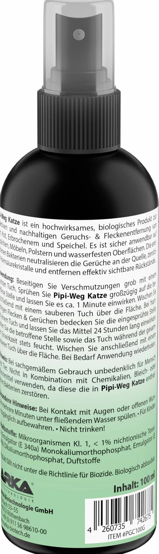 Spray enzimi urina gatto 100 ml – Pipi-Gone di ARKA – rimuove odori e macchie di pipì, feci e vomito – sicuro, biologico e senza profumi – ideale per viaggi, test, lettiera, divano, tappeti, tessuti