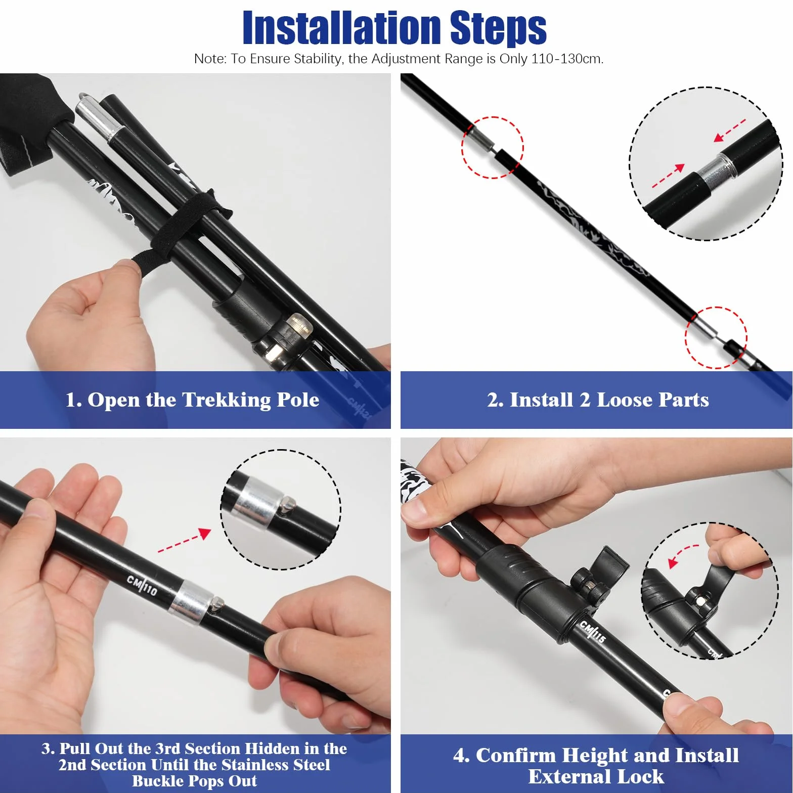 Bastoncini Trekking Pieghevoli in Alluminio Regolabili 110-130cm Nordic Walking 4 Paia Puntali Gomma