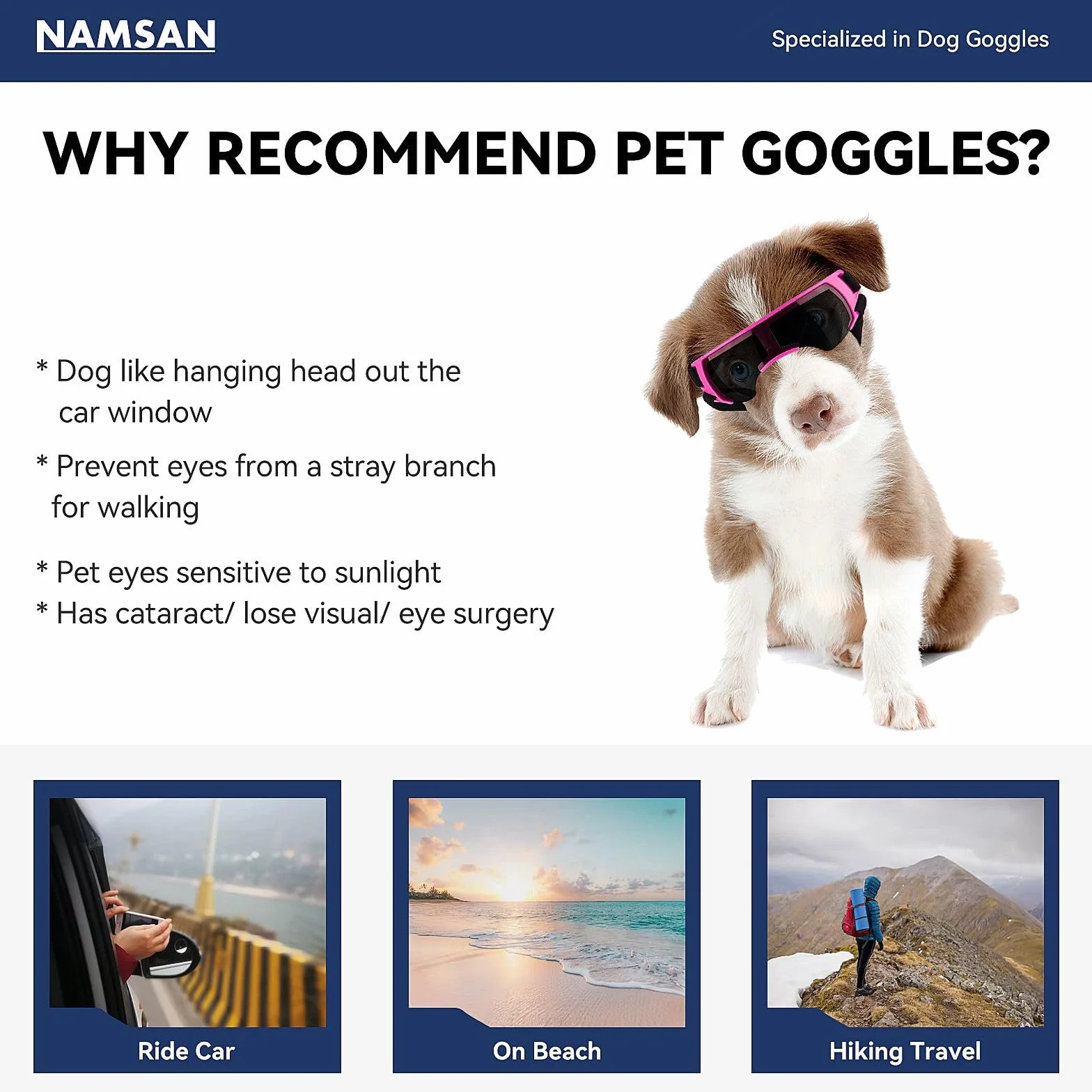 NAMSAN Occhiali da sole per cani di piccola taglia, occhiali protettivi per cani di piccola taglia, antivento, impermeabili, con elastico regolabile, rosa