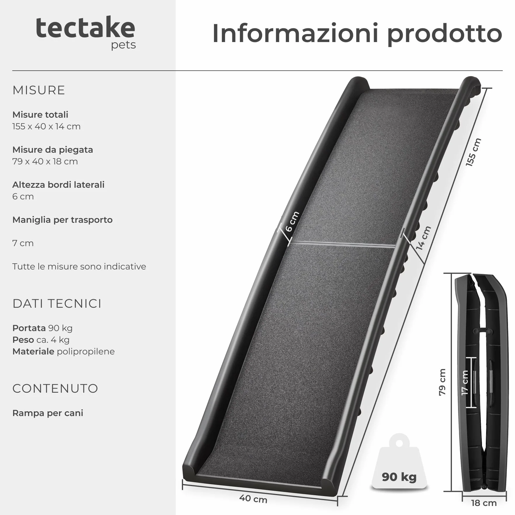 tectake Rampa per Cani Paw Step Richiudibile Antiscivolo Auto Pieghevole 90kg