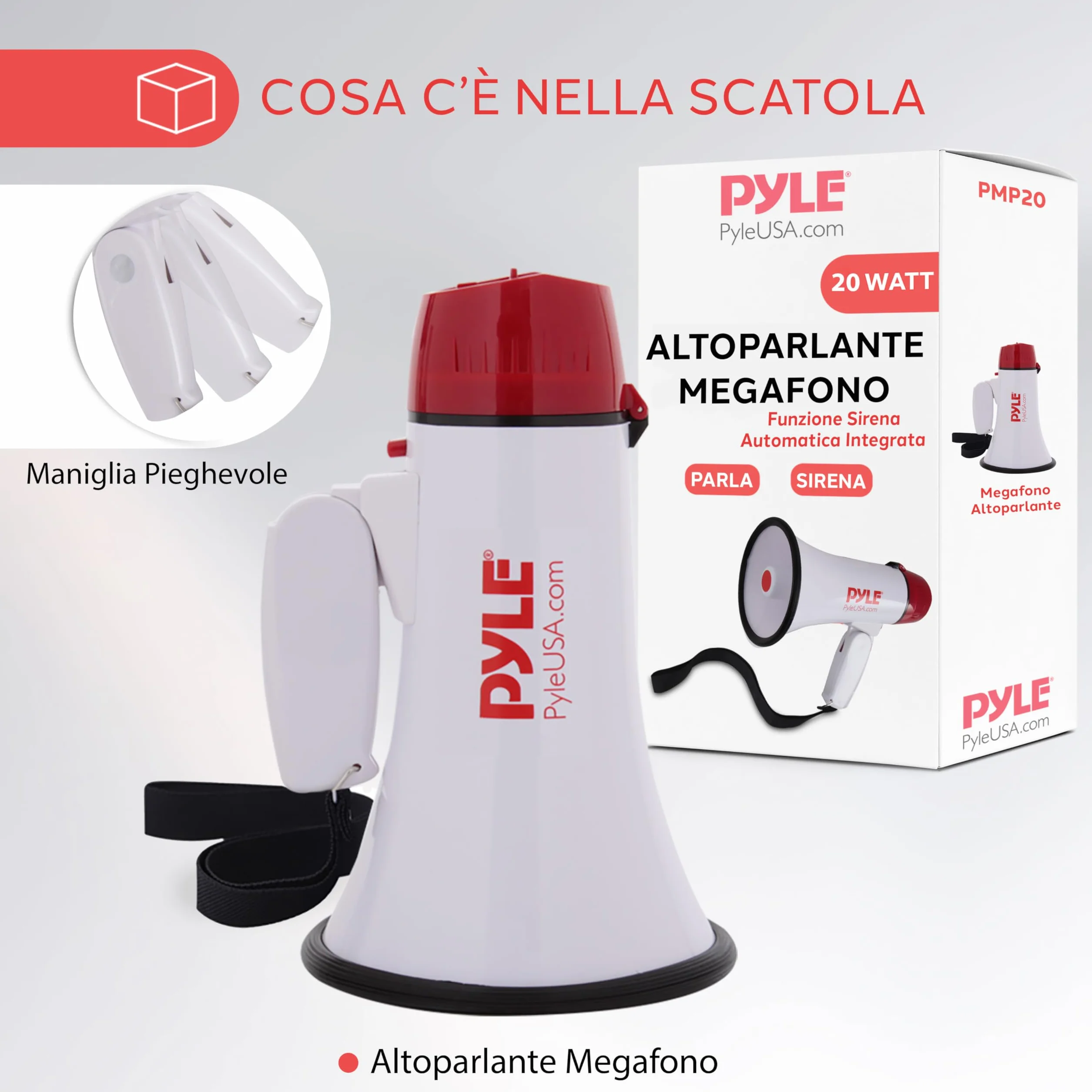 Pyle Megafono PA Bullhorn, Megafono Portatile 20 Watt e Controllo Volume Regolabile con Sirena Integrata & Portata di 730 Metri per Sport e Sicurezza