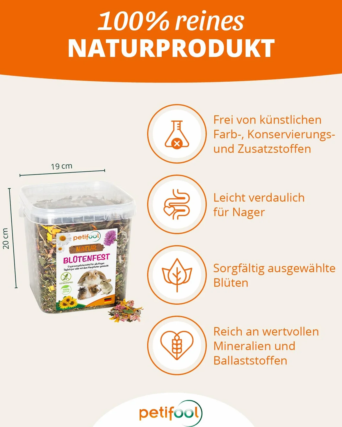 petifool Fiore resistente, 380 g, mangime complementare per roditori, mangime naturale per conigli, porcellini d'India, criceti, cincillà e molto altro ancora, senza additivi artificiali, 100%
