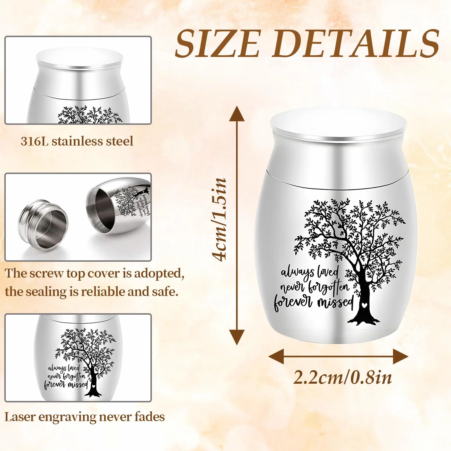 Mini Urna Ricordo Albero Della Vita 4 x 3 cm, Urna Piccola Commemorativa in Acciaio Inossidabile per Animali, Urna Piccola in Lega di Alluminio per Cani e Gatti, Urna del Ricordo Incisa