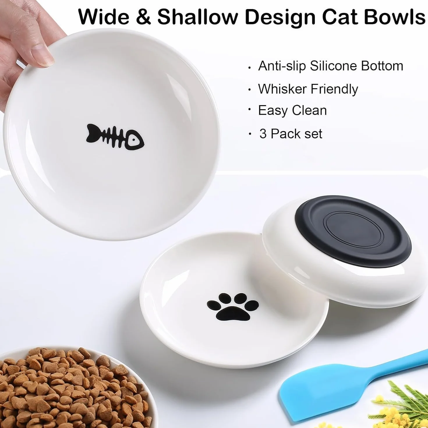 Auauraintt 3 pezzi Ciotole per gatti in ceramica, con base in gomma antiscivolo, Ciotola Piatta Gatti per Alleviare l'affaticamento Dei Baffi, per gatti e piccoli animali
