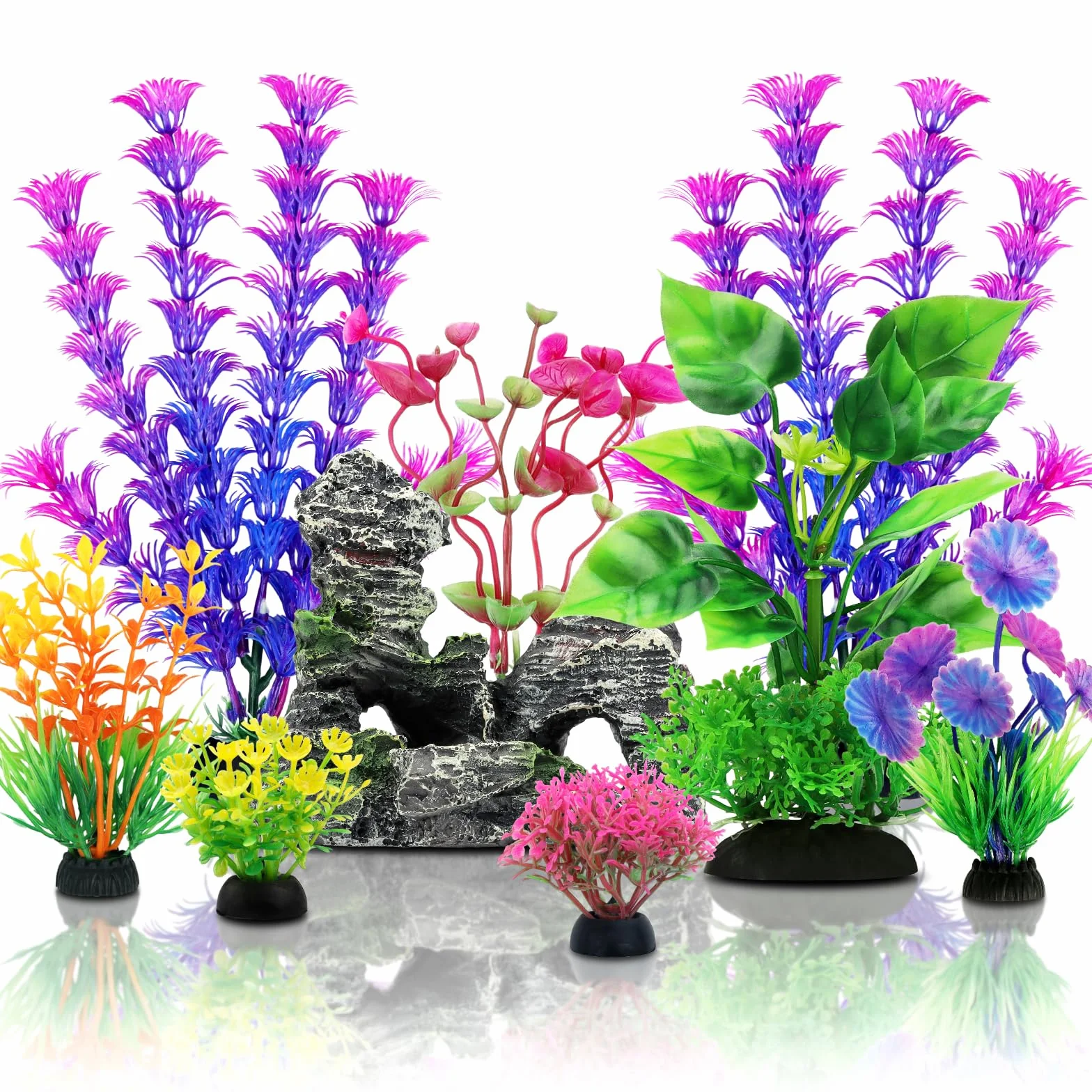 QUOZUO Decorazioni per acquari, 9 pezzi piante con vista rocciosa in resina, acquari piante in plastica, accessori per acquari e nascondigli