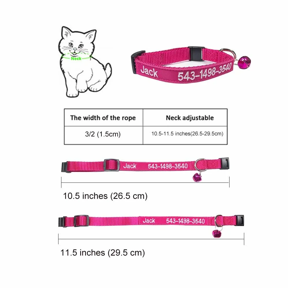 Collare personalizzato per gatti Breakaway personalizzato con campana, fibbia a scatto di sicurezza, nome identificativo ricamato sul colletto per gattini 26,5-29,5cm Adjustable multicolore