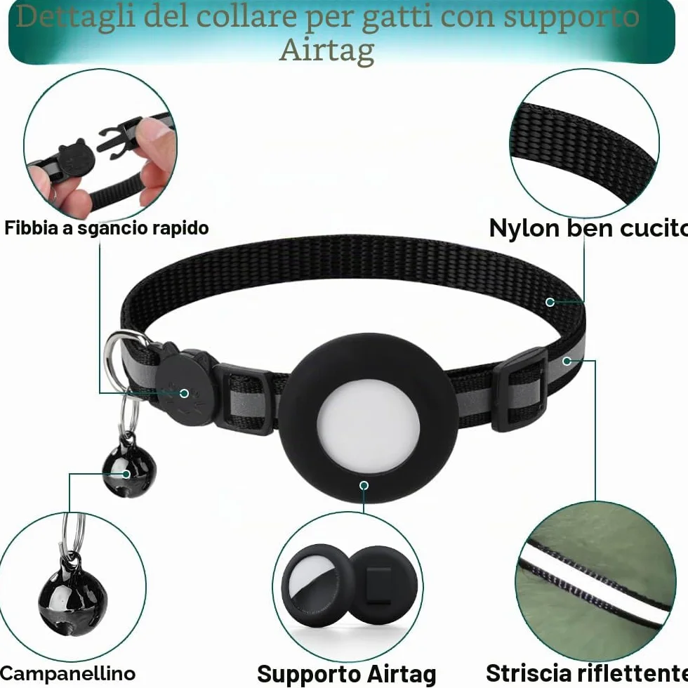 Collare Gatto Airtag, Collare Riflettente Antistrozzo per Gatti con Custodia Protettiva Air Tag (GPS AirTag Non Incluso) e Campanellino, Adatto a Gatti di Tutte Le Taglie(Nero)