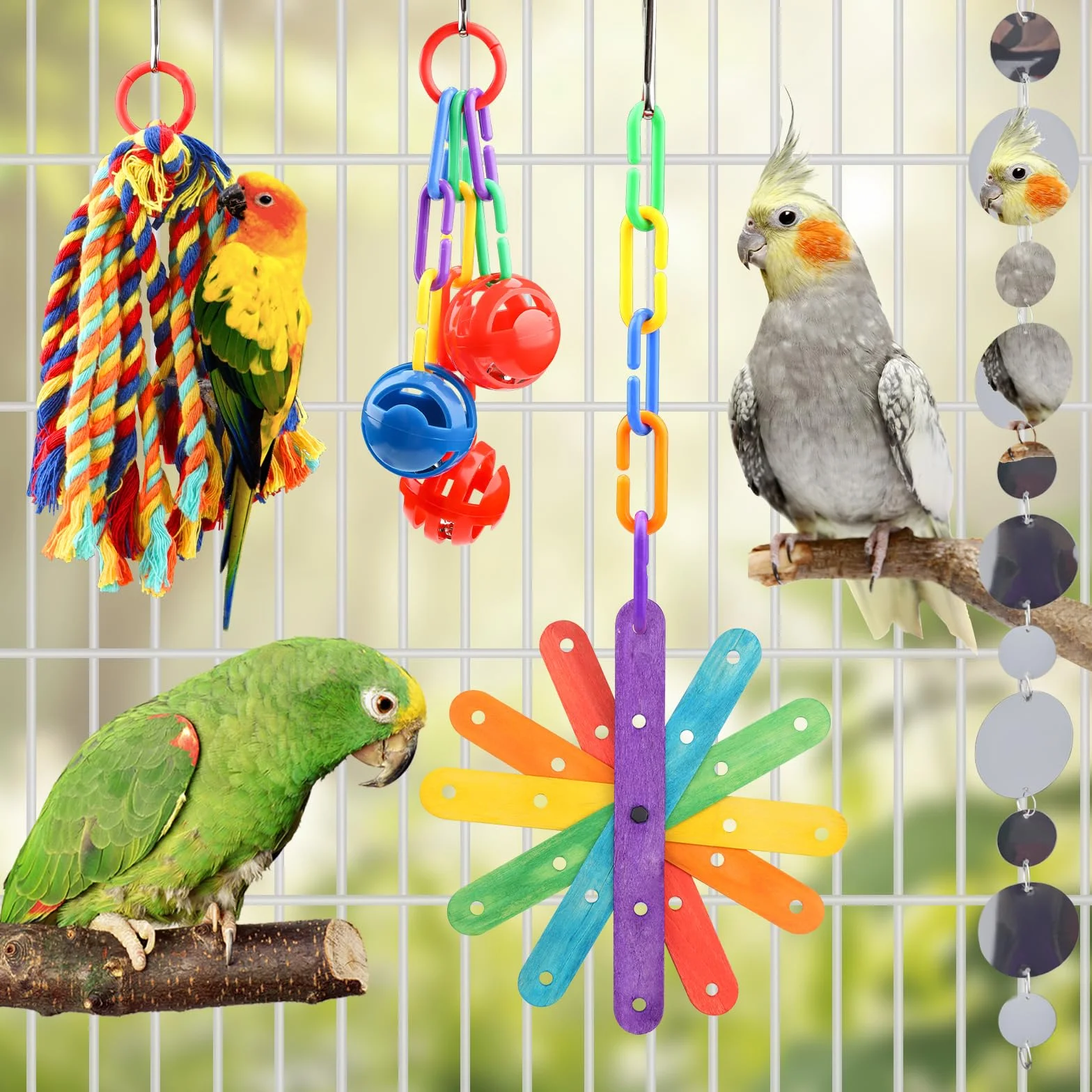 QUOZUO 4 Pezzi Giocattoli Pappagallo Uccelli Giochi da Masticare Altalena Appesa Gabbia Legno Corda Perch
