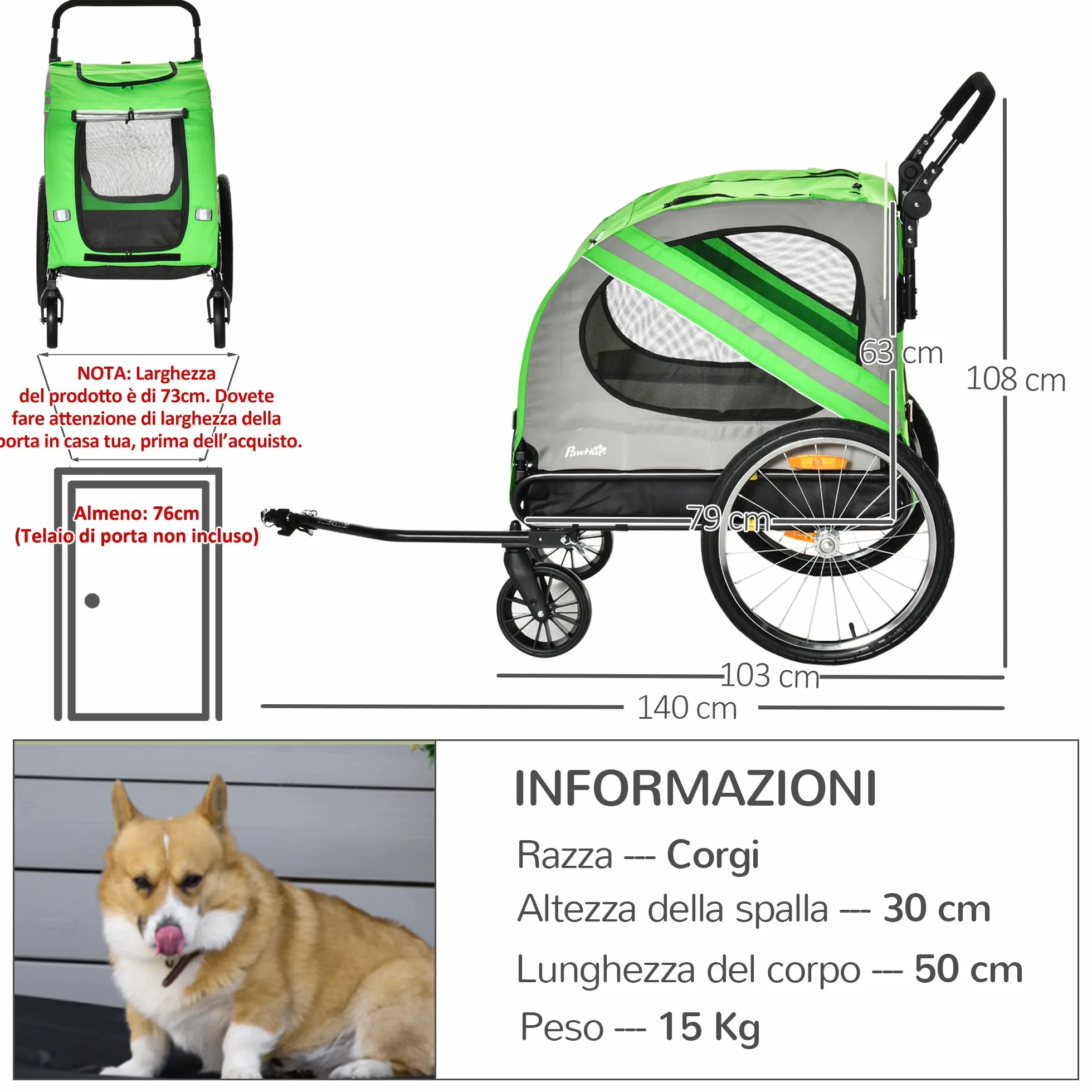 PawHut Rimorchio Bici e Passeggino per Cani 2 in 1, Carrello Bici in Acciaio e Tessuto Oxford con Catarifrangenti e Bandierina